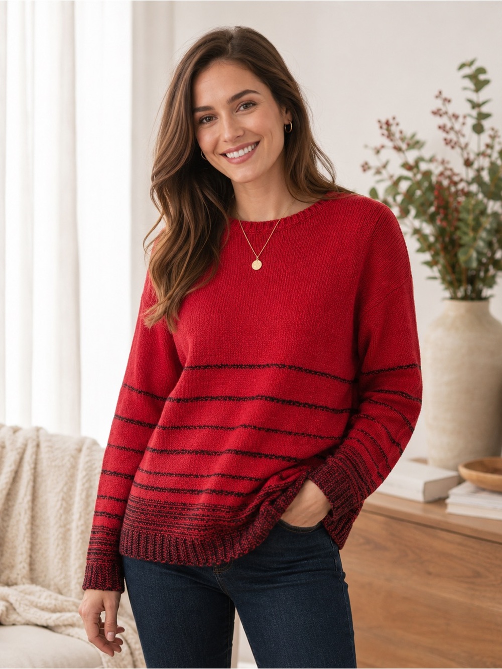 J.Jill Red Black Stripe Plush Knit‎ Sweater Wool Blend Size S